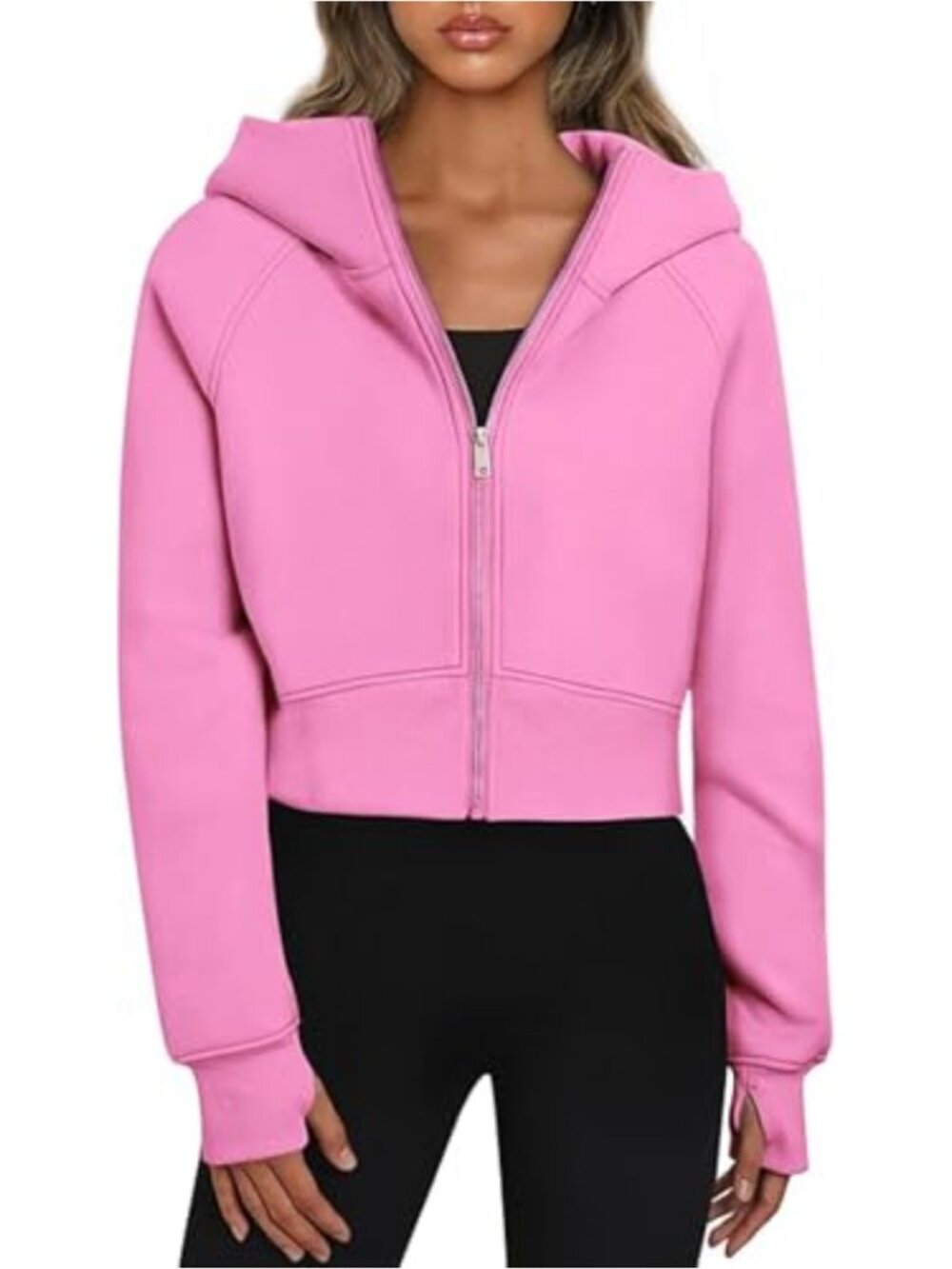 Oversized Cropped Zip Up Hoodie with Pockets Thumbholes Cotton Blend